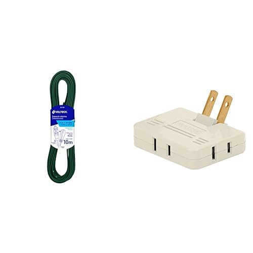 Volteck ED-10V, Extensión eléctrica doméstica, 10 m, Verde, MUL-340, Multicontacto Triple, Tipo bisagra, entradas Laterales