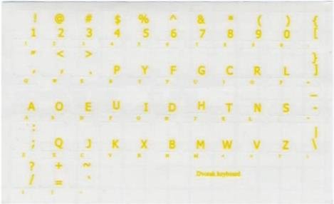 DVORAK SIMPLIFIED KEYBOARD STICKER WITH YELLOW LETTERING TRANSPARENT BACKGROUND FOR DESKTOP, LAPTOP AND NOTEBOOK
