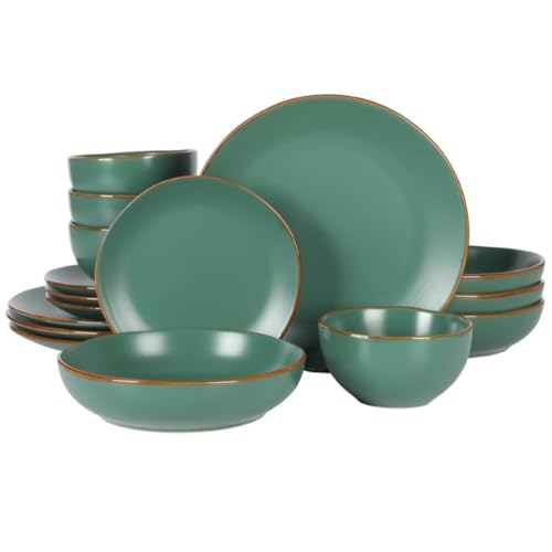 Gibson Home Hazeltine 16-Piece Green Stoneware Dinnerware Set – Plates and Bowls,