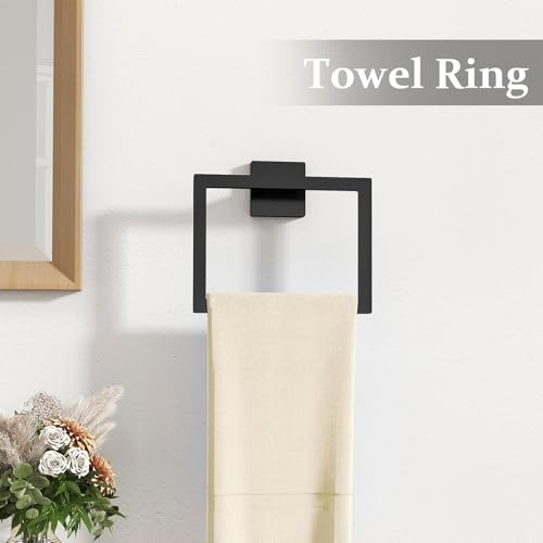 Bathroom Towels Holders Set, 5 Piece Bathroom Hardware Set, 16''Towel Bars, Matte Black Stainless Steel Wall Mounted Towel Racks Set, Towel Ring, Robe Towel Hooks, Toilet Paper Holder with Phone Shelf