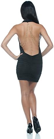 Women's Black Low-Cut Plunge Neck Gold Chain Open Back Backless Party Club Dress (Large)