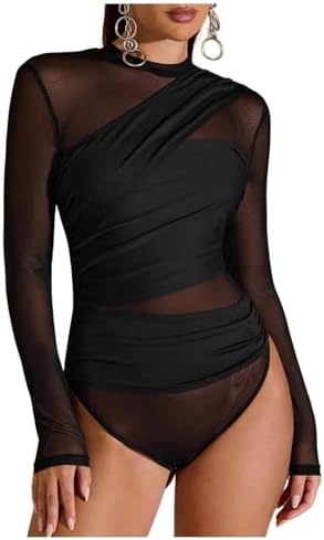 Amazon.com: Milumia Women's Sexy Sheer Mesh Bodysuit Mock Neck