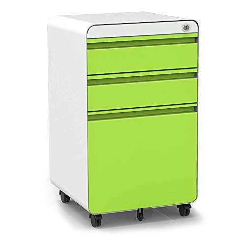 3-Drawer Filling Cabinet, Metal Vertical File Cabinet with Hanging File Frame for Legal & Letter File Install-Free Anti-tilt Design and Lockable System Office Rolling File Cabinet-Green/White