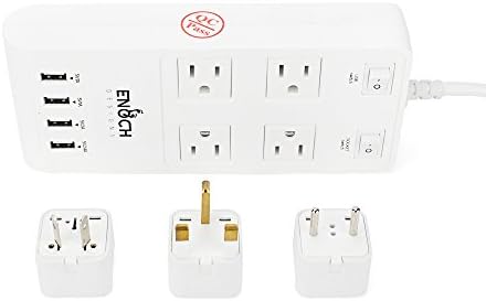 4-Outlet Surge Protector Power Strip Portable Outlets with 4 USB Charging Ports for Home Office and Bunsiness World Travel 6 ft Cord with 3 International Adaptors for UK Australia &amp; Europe White