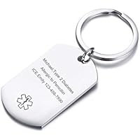 VNOX Customize Medical Alert ID Stainless Steel Dog Tag Keychain Keyring for Men Women