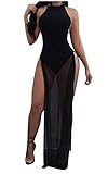 Abetteric Womens Cut Out Back Mesh Splice Side Split Maxi Dress Black Medium