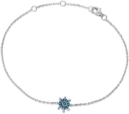 925 Sterling Silver Ocean Side Ship's Navigational Turquoise Steering Wheel Bracelet - Adjustable 7 1/2" - 9" (Natural Silver)