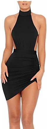 MAGICMK Ruched and Asymmetric Halter Neck Mini Sexy Club Party Dress