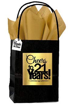 Black & Gold 21st Birthday/Anniversary Cheers Themed Small Party Favor Gift Bags with Tags -12pack