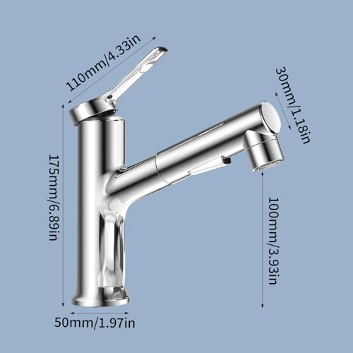 VirtuGro Bathroom Sink Faucet with Pull-Out Hand Shower 3 Modes Single Lever Hot and Cold Mixer Tap Aerator Shower for Sink (Silver)