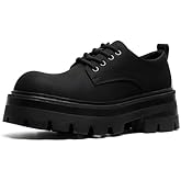 Men's Leather Platform Oxfords - Classic Round Toe Lace Up Dress Shoes -Comfort Non-Slip Lug Sole Chunky Heel Heightening Derby Shoes