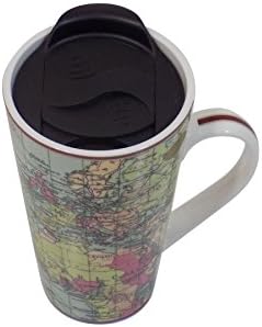 WORLD MAP CERAMIC TRAVEL MUG WITH LID AND HANDLE 15CM X ⌀ 9CM TOP X ⌀ 6CM BASE