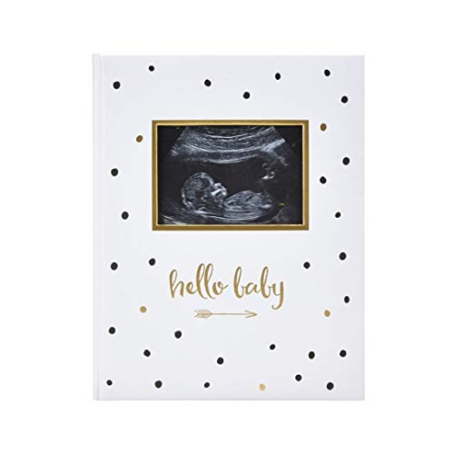 Pearhead Hello Baby First 5 Years Memory Book, Gender-Neutral Baby Keepsake for New and Expectant Parents, Pregnancy And Milestone Journal, Modern Minimalist Black and Gold Polka Dot