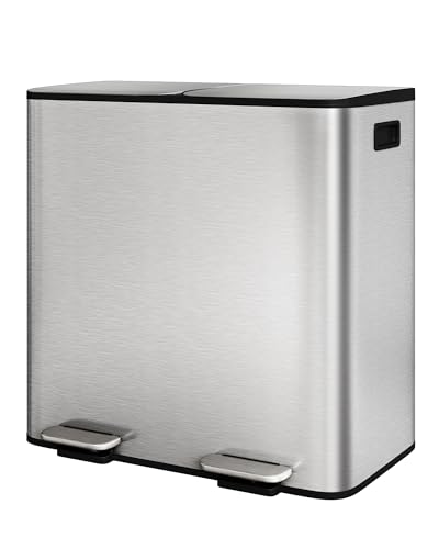 GarveeHome Mülleimer Küche, 2 x 40 L, Mülltrennsystem 2 Fächer, Edelstahl-Tretmülleimer mit Seitlichem Griff, Soft-Close-Deckel, für Recycling & Biomü