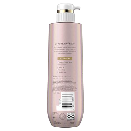 OLAY SUPER SERUM BODY WASH FOR EXTRA DRY SKIN, 24HR LONG LASTING HYDRATION, 5+ INGREDIENT COMPLEX FOR BRIGHT EVEN FIRM LUMINOUS SKIN, WITH VITAMIN E, AND SHEA BUTTER 18.5 FL OZ