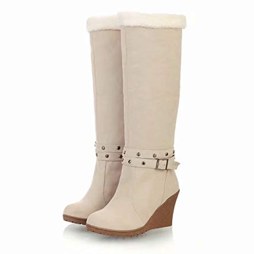 Ifantasy Winter Warm Snow Boots for Women Suede High Heel Wedges Buckle Mid Calf Boots