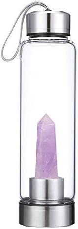 KINO Natural Crystal Point Wand Energy Reiki Healing Crystal Quartz Glass Water Bottle Portable Leak Proof Gemstone Cup, Amethyst/Rose Quartz/Fluorite/Clear Crystal