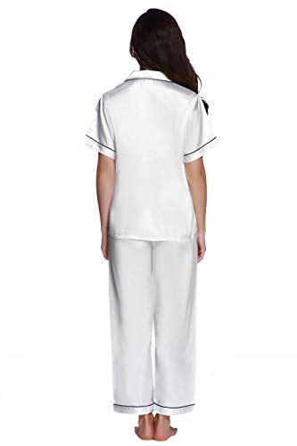 Sunrise Women's Short Sleeve Classtic Satin Pajama Set (X-Large, White with Black Piping)