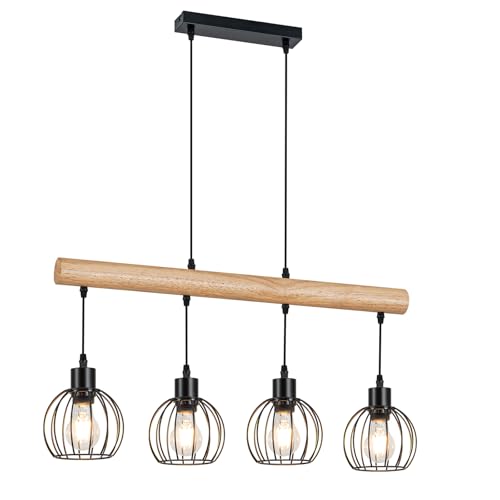 ZMH Vintage Hanging Lamp Wood 4 Bulbs - Pendant Light Dining Table in Industrial Design Black Retro Pendant Light Dining Table Lamp Height Adjustable for Dining Room Kitchen Living Room Bar (Light