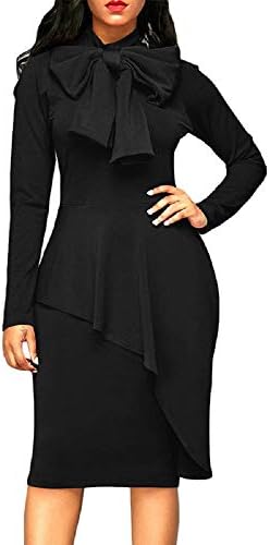 Oudan Winter Style Pure Color Tight-fit Dress Long Sleeves Dress with Bowknot for Women Girls (Color : Black, Size : M)