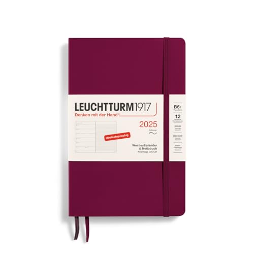 LEUCHTTURM1917 370521 Wochenkalender & Notizbuch Paperback (B6+) 2025, Softcover, Port Red, Deutsch