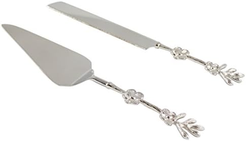 Server Set, Cake, Pie, Desert Flatware Set, Flower design, 2-piece 18/10 Stainless steel with brass handles (light antique silver finish)