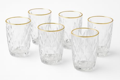 Conjunto 6 Copos de Vidro Lapidado com Borda Dourada, Fio de Ouro – 350 ml | Copos Elegantes para Água, Sucos e Drinks Sofisticados
