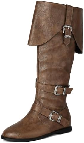 Medieval Renaissance Slouch Knee High Boots Pirate Cosplay Lace Up Costume Boots Unisex Faux Leather Pirate Boots: Fold-over Cuff, LARP  main image 2