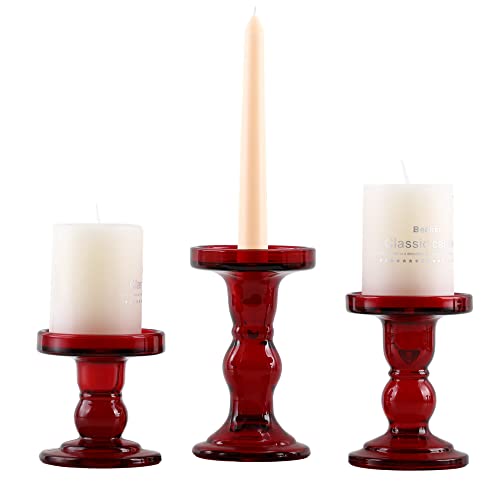GMWD 3 Pcs Red Glass Candle Holder Set Clear, Christmas Candlesticks Holders Pillar Taper Candles Tealight Stand for Wedding Centerpieces Home Decorations Dining Table