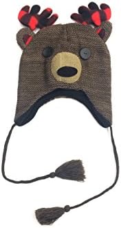 Crochet Beanie Deer Plaid Antler Tassel Hat, Toque Skull, Brown