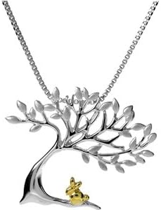Sterling Silver 925 Tree of Life and Yellow Gold Rabbit Pendant Necklace