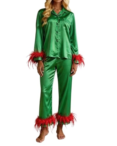 ROAONOCOMO Women Feather Trim 2 Piece Pajama Set Long Sleeve Button Shirt Striped Silky Satin Pants Set Holiday Sleepwear at Amazon