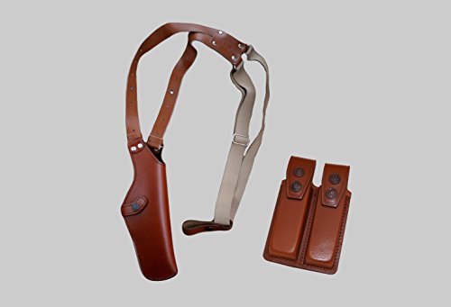 K45206 Leather Vertical Shoulder Holster with Soft Fabric Interior Lining RH & Double Magazine Pouch for Beretta CZ 75 Ruger Springfield Browning HP Sig Sauer P226 up to 5" Barrel