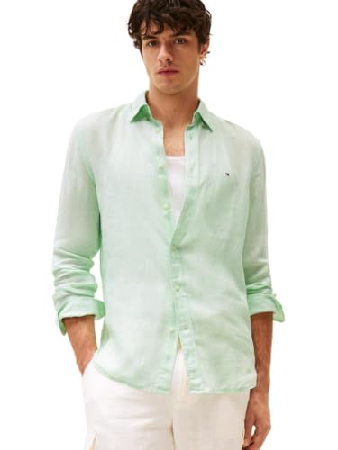 Tommy Hilfiger Men’s Pigment Dyed Linen Regular Long Sleeve Shirts, Opal Green Small