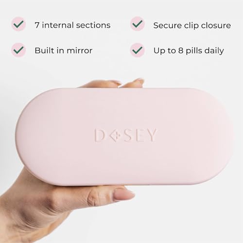 Dosey Compact Travel Pill Organizer - Pill Case with 7 Compartments for Medicine Storage & Protection – Stylish & Elegant Medication Organizer with Mirror, Blush