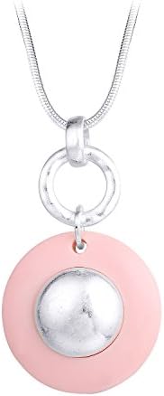 MIVIVEE Brushed Silver with Pink Round Pendant Snake Chain Necklace