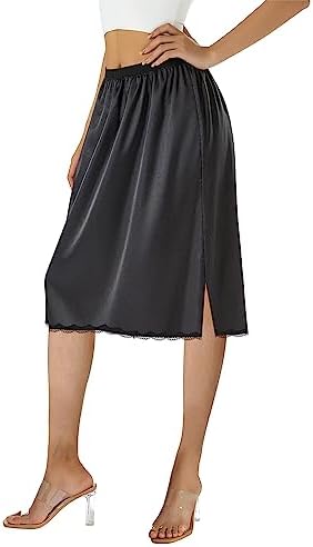 long half slips for dresses Women's Satin Half Slips for Under Dress Lace Long Underskirt Champagne X-Small