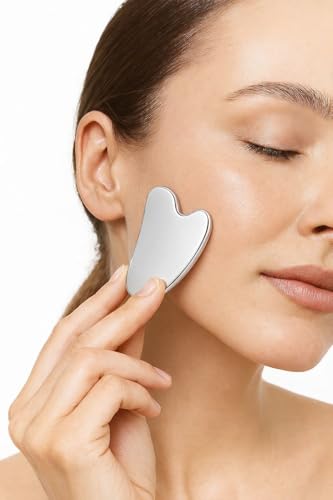 Pedra Gua Sha Inox Profissional – Massageador Facial e Corporal Anatômico, Drenagem Linfática e Lifting Natural, Aço Inoxidável Médico, Reutilizável e Higiênico (Inclui Bolsinha Protetora)