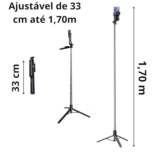 Tripé Bastão de Selfie 3 em 1 – Compacto e Extensível até 1,70 m de Altura, Controle Bluetooth, Rotação 360° – Para Gravações, Reels, TikTok, YouTube, iPhone e Android