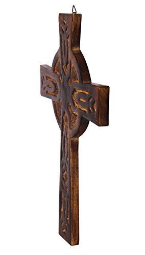 The StoreKing Wooden Wall Cross Plaque 15" Long Hanging with Hand Carvings Religious Altar Home Living Room Decor