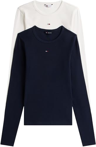 Damen 2er Pack Langarmshirts Slim Essential Rib Rundhalsausschnitt, Mehrfarbig (Ecru/Dark Night Navy), XXL