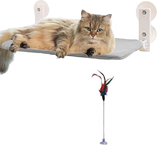 SULUNZEGER Window Perch, Foldable Sunbath Cat Bed With Funny Stick, Hammock With Solid Metal Frame and Soft Cover, Space Saving Window Mounted Cat Hammock