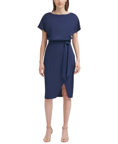 Kensie Women’s Short Sleeve Tie Waist Midi Dress, Navy, 2