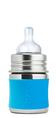 Pura Kiki 5oz / 150ml Stainless Steel Infant Bottle with Silicone Natural Vent Nipple & Sleeve (Plastic Free, NonToxic Certified, BPA Free) (Aqua)