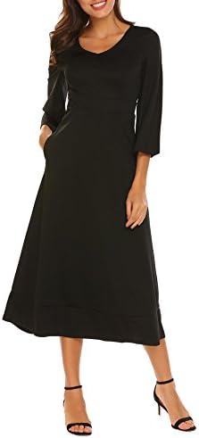 Hersife Women Fashion Pockets Plain V Neck Swing Party Slim Dress Black XXL