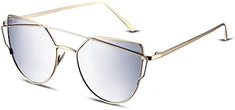 UV400 Womens Sunglasses Metal Frame Mirrored Cat Eye Cute VIVIC (Silver)