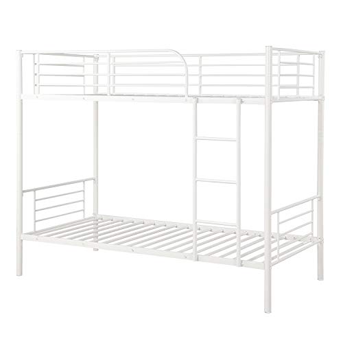 Twin Over Twin Metal Bunk Beds, Rockjame Space Saving Design Sleeping Bedroom Bunk Bed with Ladder and Safety Rail for Boys, Girls, Kids, Young Teens and Adults (White)