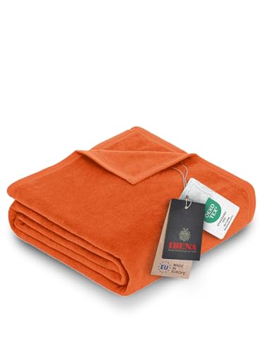 Ibena Porto Decke 150x200 cm – Baumwollmix weich, warm & waschbar, Kuscheldecke orange einfarbig