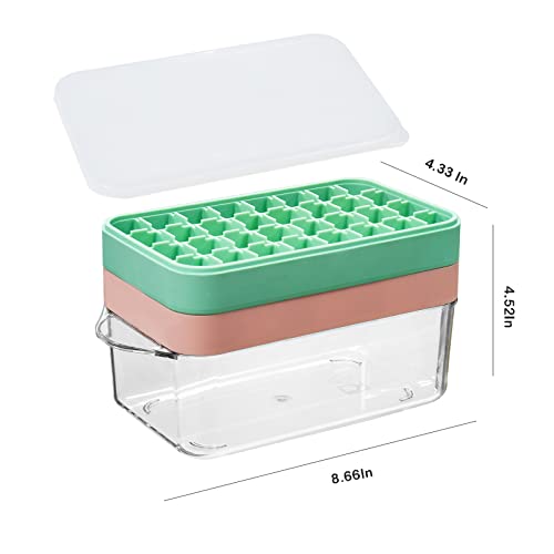 Double -laye Silicone Ice Cube Tray With Lid and Bin —Ice Container,with Scoop and Cover,BPA Free,Space Saving Ice Cube Molds, Perfect for Cocktails, Whiskey,Homemade Juice,Chilled Drink (Green/Pink)