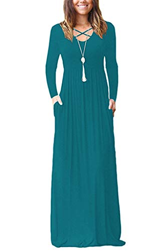 LILBETTER Women Long Sleeve Loose Plain Maxi Dresses Casual Long Dresses with Pockets (M, Acid Blue)
